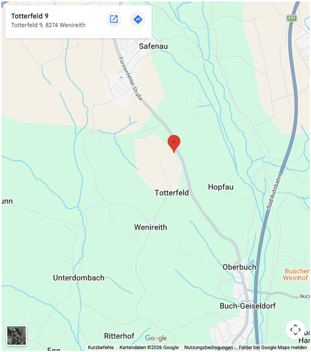 Map showing a red pin near Totterfeld, labeled 'Totterfeld 9', with nearby towns Safenau, Hopfau and Oberguch along a winding road in a rural area.